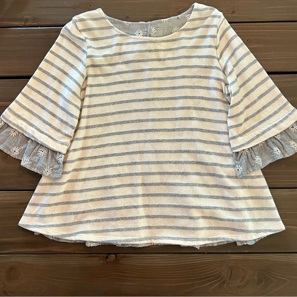 Anthropologie Blue Striped Blouse Mixed Media Top with Ruffle 3/4 Sleeves